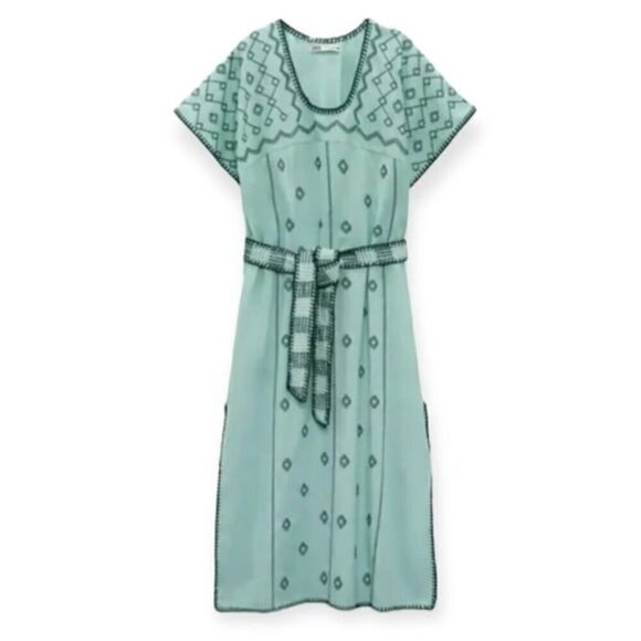 ZARA Bloggers Fav V- Neck Linen Embroidered Caftan Dress Tie Waist Size L NEW - Picture 3 of 13